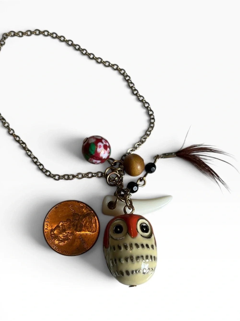 Vintage Enamel Owl Feather Charm Necklace CC X